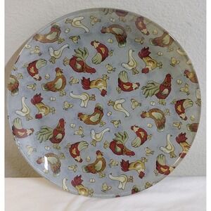 Vintage Rooster Glass Plate 10" Round Decoupage Country Farmhouse Serving Dish